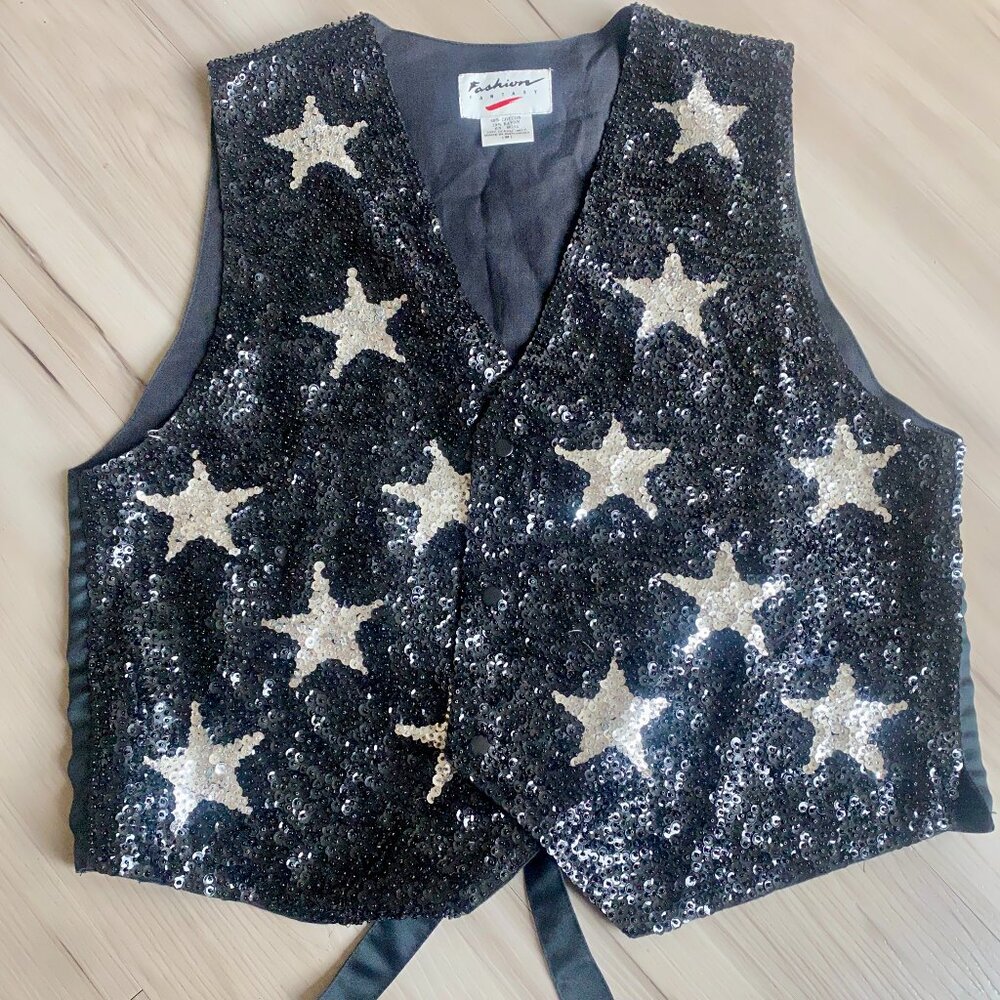 Vintage Black Sequin Star Vest Snap Closure Adjustable Back Tie Unisex Medium